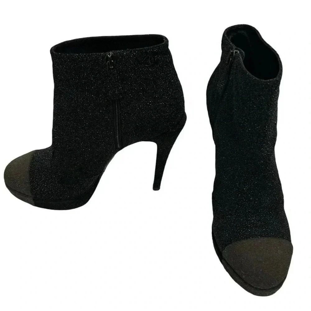 CHANEL BOOTS WOMEN’S 10.5 VTG GLITTER SUEDE CC LOGO CAP TOE ANKLE HEELS - Picture 9 of 15